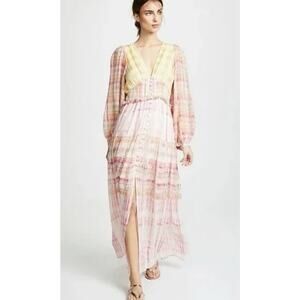 Hemant & Nandita Multicolor Viscose Plunging Peasant Resort Boho Maxi Dress M
